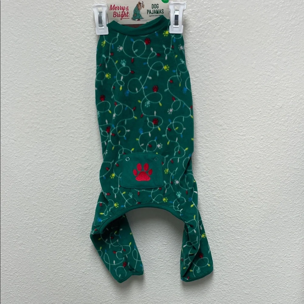 Merry & Bright Medium Dog Fleece Green PJ’s Pajamas with Paw Prints